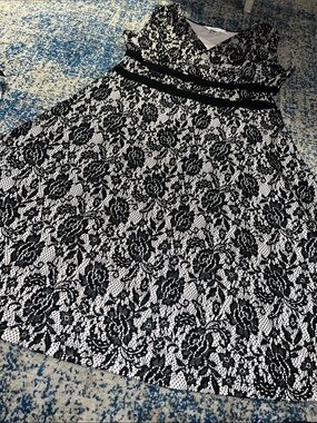 Black Lace Overlay Fit & Flare Dress with Waistband